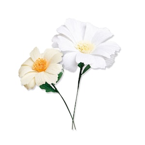 Puede incluir: Dos flores de papel, una blanca y otra crema, con tallos verdes. Las flores están hechas de papel de seda y tienen un aspecto delicado y en capas.