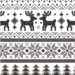 May include: A seamless pattern featuring a traditional Scandinavian Christmas design in black, white, and gray. The pattern includes reindeer, snowflakes, and Christmas trees.