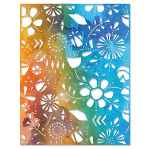 Puede incluir: Un fondo de acuarela colorido con un diseño de flores y hojas recortado en blanco. El diseño recuerda a un arte tradicional de corte de papel.