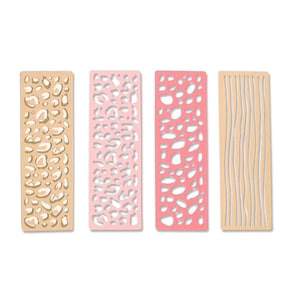 Puede incluir: Cuatro tiras de papel decorativas con diferentes patrones. La primera tira es beige con un estampado de leopardo marrón. La segunda tira es rosa con un estampado de leopardo blanco. La tercera tira es rosa con un patrón abstracto blanco. La cuarta tira es beige con un patrón de líneas onduladas blancas.