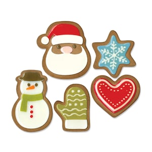 May include: Five Christmas-themed cookie cutters, including a snowman, Santa Claus, a mitten, a snowflake, and a heart. The cutters are made of brown metal and have a glossy finish.