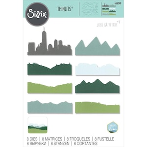 Op de afbeelding: Een set van acht stansvormen voor stads- en berglandschappen om te knutselen. De stansvormen zijn gemaakt door Sizzix en maken deel uit van de Thinlits-lijn. De ontwerpen omvatten een skyline, een bergketen met toppen en een bergketen met glooiende heuvels. De stansvormen zijn gemarkeerd met nummer 666248 en de naam Josh Griffiths.