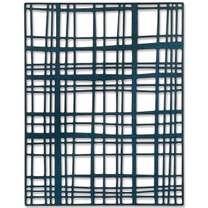 May include: A teal blue geometric pattern with a grid of overlapping lines. The pattern is cut out of a sheet of material, creating a stencil effect.
