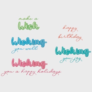 Puede incluir: Varias frases de texto cursivo de colores sobre un fondo blanco. Las frases incluyen "make a Wish", "Wishing you well", "happy birthday", "Wishing you joy" y "Wishing you a happy holidays". El texto es en tonos verdes, azules, rosas y naranjas.