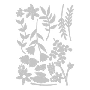 Puede incluir: Un conjunto de 16 formas florales troqueladas de metal gris, que incluyen flores, hojas y tallos. Las formas están diseñadas para manualidades y scrapbooking.