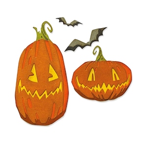 May include: Two orange jack-o'-lantern pumpkins with carved faces and yellow teeth. The pumpkins are against a white background with two black bats flying above them.
