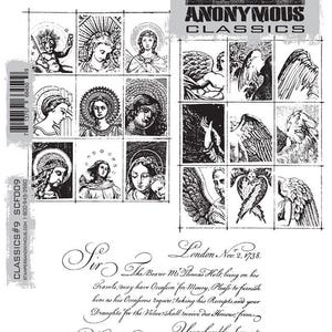 May include: A monochrome collage featuring religious imagery and angel wings, with the text "STAMPERS ANONYMOUS CLASSICS". Includes a handwritten letter dated "London, Nov 2, 1738."