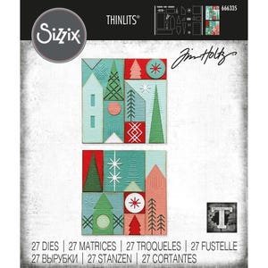Puede incluir: Juego de troqueles Sizzix Thinlits con diseño de pueblo invernal. El conjunto incluye 27 troqueles para proyectos de manualidades en papel. El diseño incorpora casas, árboles y formas geométricas en tonos turquesa, rojo y verde. El paquete también incluye el texto "27 DIES | 27 MATRICES | 27 TROQUELES | 27 FUSTELLE | 27 ВЫРУБКИ | 27 STANZEN | 27 CORTANTES".