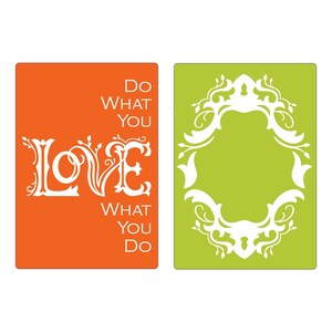 May include: Two orange and green cards with white text and decorative designs. The orange card says "Do what you love, love what you do". The green card has a decorative frame.