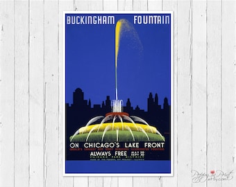 Chicago Buckingham Fountain WPA Poster: Vintage Travel Art