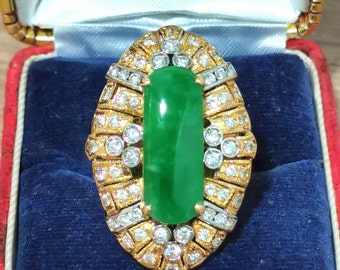 Jadeite ring, diamond, gold,  vintage ring, imperial jadeite, gold, 60 diamond's, cocktail ring, set in 18ct gold 1950,s