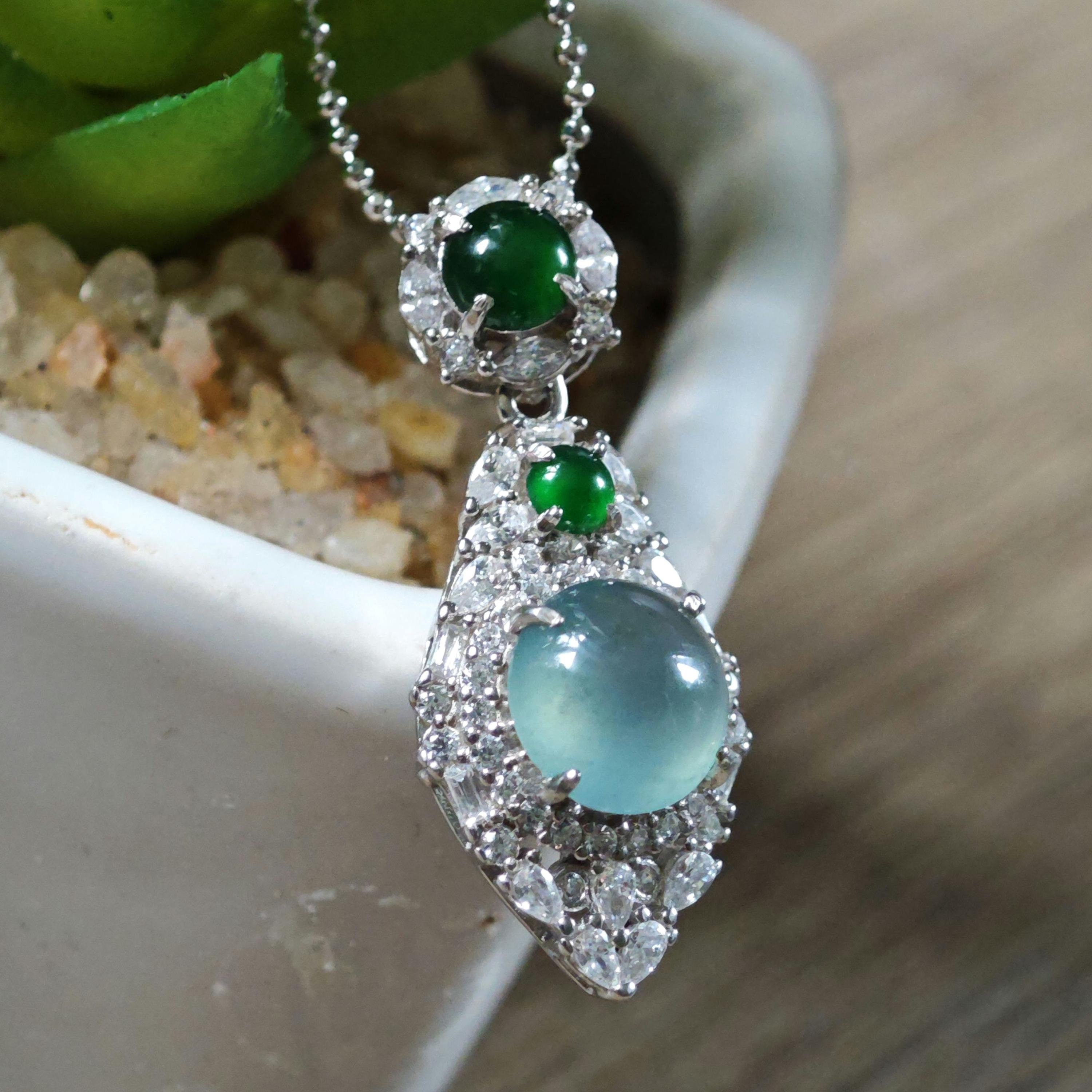 Jadeite pendant certified clear and imperial green set in sterling silver pendant grade A Certified "翡翠" 925 silver bail blossom