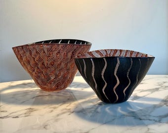 Pair of Kosta Boda hand painted glass bowls by Monica Bergström
