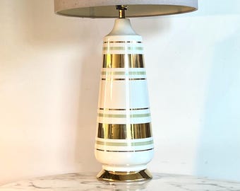Midcentury ceramic/porcelain striped lamp in cream, shiny gold and sage green stripes