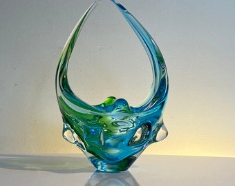 Murano Sommerso glass basket by Formia in green, turquoise and clear