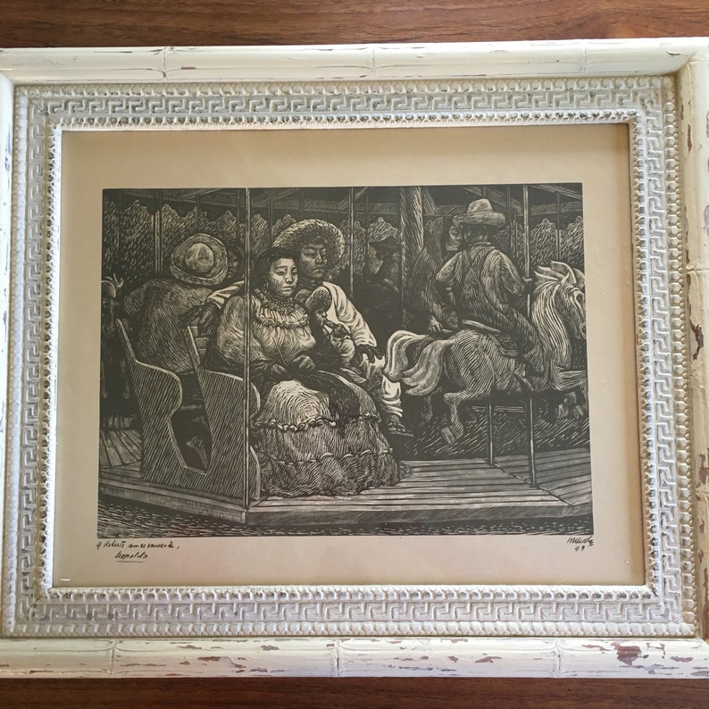 Leopoldo Mendez framed linocut entitled Carusel 1949 image 1