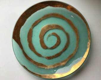 Signed fused art glass platter with gold silkscreen spiral pattern