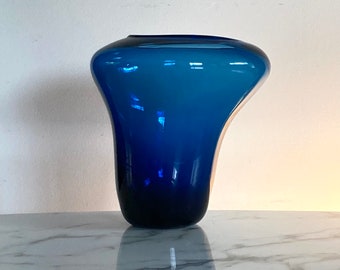 Signed Biomorphic handblown blue glass vase