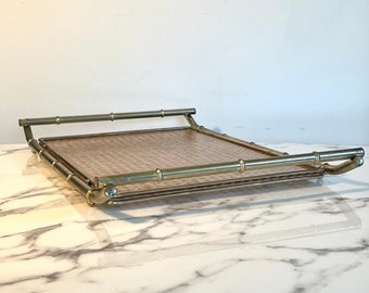 Vintage bamboo design serving tray in brass cane and acrylic
