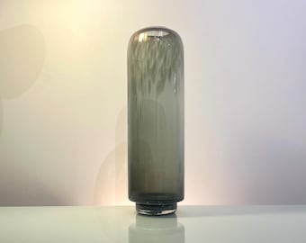Handblown bullet shaped vase bowl in smoke gray glass with gold aventurine