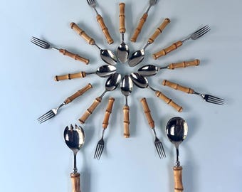 Midcentury bamboo and stainless flatware set of 18 pieces