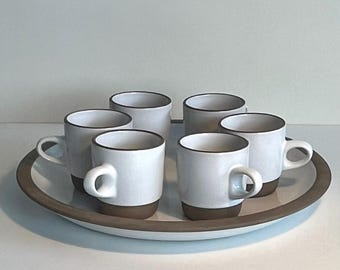 Heath Ceramics lot with 6 rim line coffee cups and large round ceramic platter