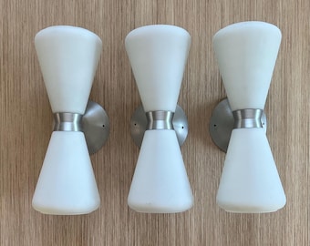 set of 3 midcentury double cone sconces in hand blown glass and aluminum
