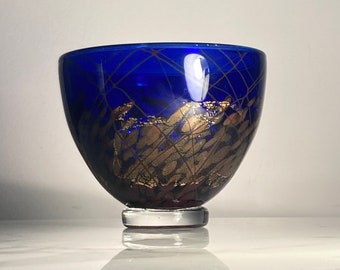 Signed Michael Nourot handblown pedestal bowl in cobalt blue, gold, red and clear glass