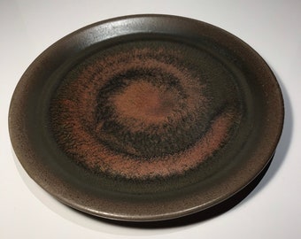 Handthrown and signed platter with iridescent copper design