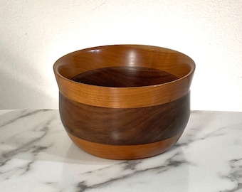 Hand Turned Cherry Walnut Wood Bowl, Signed with mother of pearl Inlay
