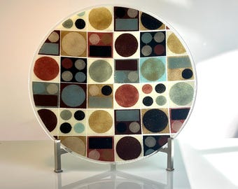 Large scale Fused glass console platter in geometric signed Peggy Karr