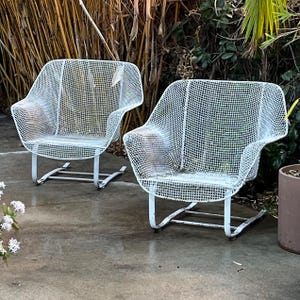 Pair of midcentury Sculptura wire rocking patio chairs by Russell Woodard