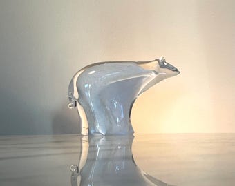 Abstract Sommerso polar bear in white over clear handblown glass