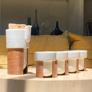 Modernist organic Tea Set with teapot and four tea cups by Tonfisk Finland made of Ceramic, walnut and cork Lids image 1