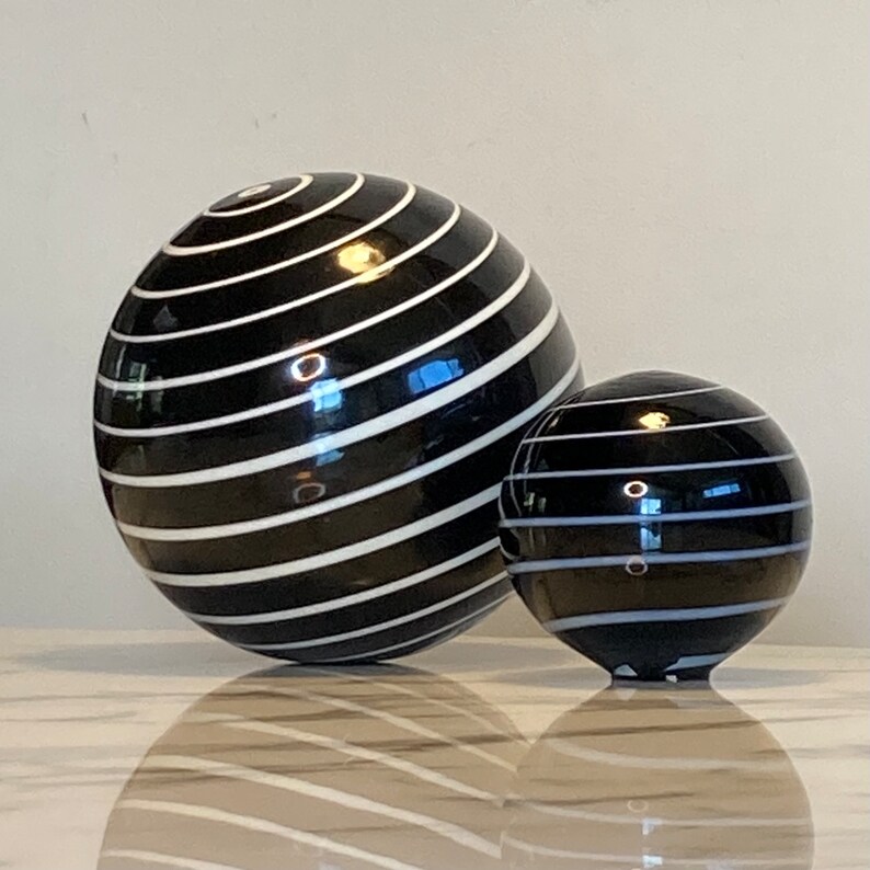 Set of two handmade striped globe table decorations in striped black and white glass image 6