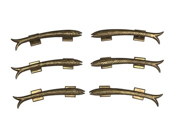 Set of 6 vintage brass drawer pulls in the shape of fish 12” long