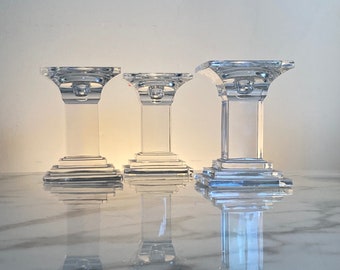 Set of three square classic column glass candleholders