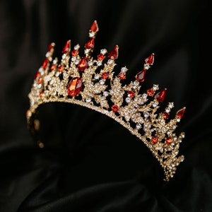 Helena's Tiara - Red Faux Ruby, Faux Diamond, Clear Crystals in Yellow Gold Color Metal, Large Grand Grande