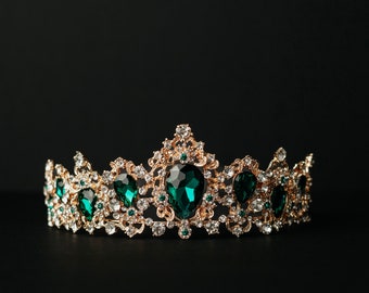 Michelle's Tiara - Green Faux Emerald, Clear Crystal Faux Diamond, Gold Color Metal, Large Grand Grande
