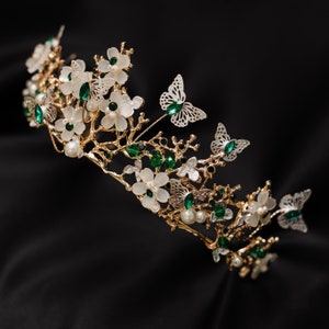 Verna’s Butterfly Tiara in Faux Green Emerald & Gold Color Metal