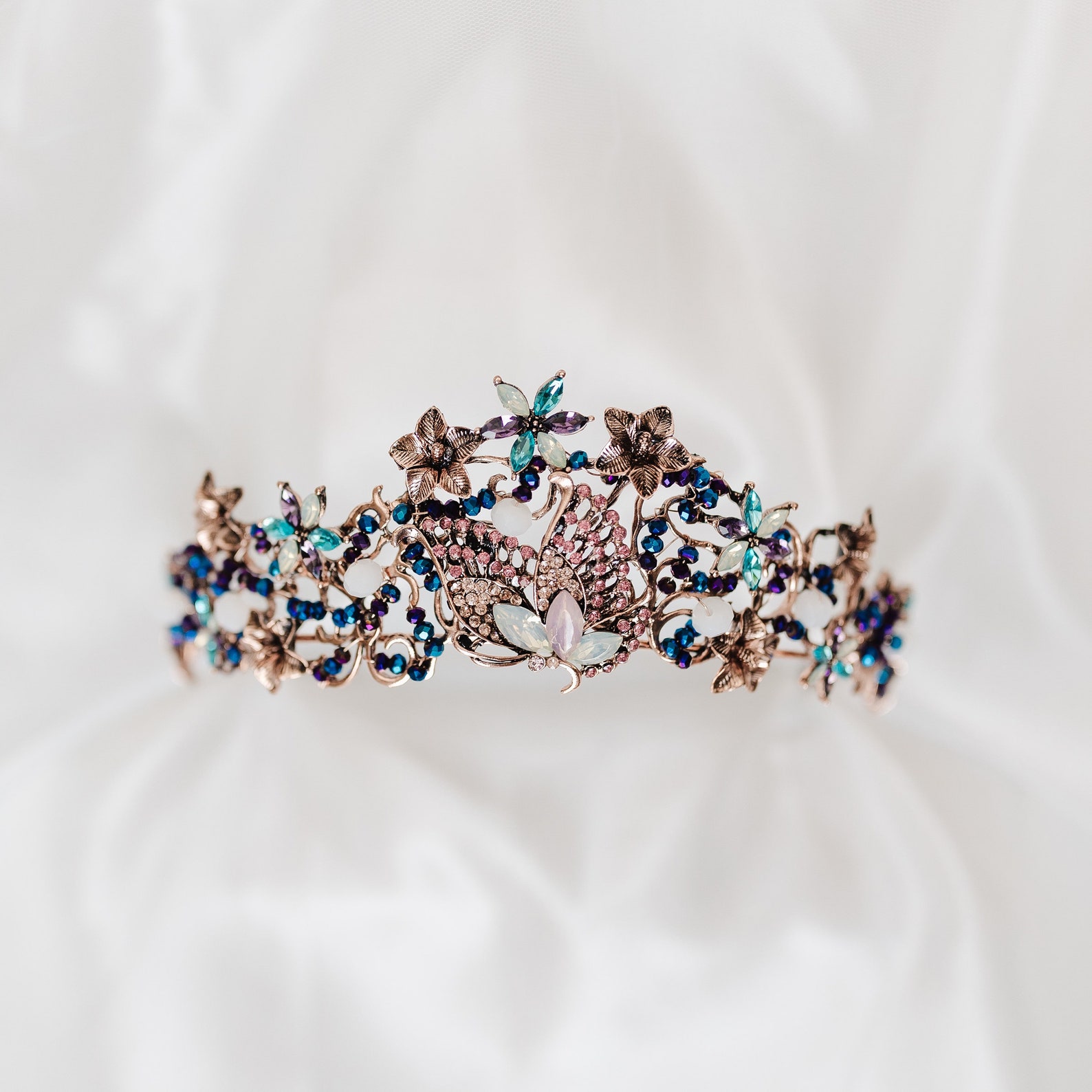 Anna's Butterfly Tiara With Pink Blue & White Crystals Set