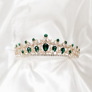 Finley's Tiara - Green Faux Emerald, Clear Crystal Faux Diamond, Gold Color Metal, Large Grand Grande