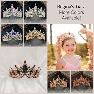 May include: A collage of images featuring a gold tiara with various colored gemstones. The tiara is shown on a white background, on a book, and on a young person's head. The text "Regina's Tiara More Colors Available!" is displayed at the top of the image.