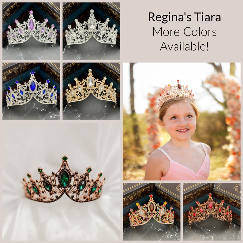 May include: A collage of images featuring a gold tiara with various colored gemstones. The tiara is shown on a white background, on a book, and on a young person's head. The text "Regina's Tiara More Colors Available!" is displayed at the top of the image.