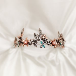 Titania’s Fairy Tiara - Faux Pink Pearls, Rose Gold Color Metal, Blue Crystal Details