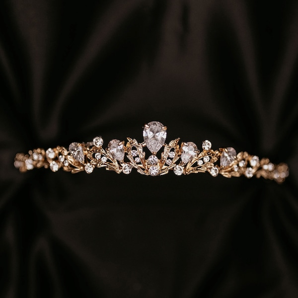 Sadie's Tiara in Gold - Faux Diamond, Clear Crystal, Small, Dainty & Light Weight