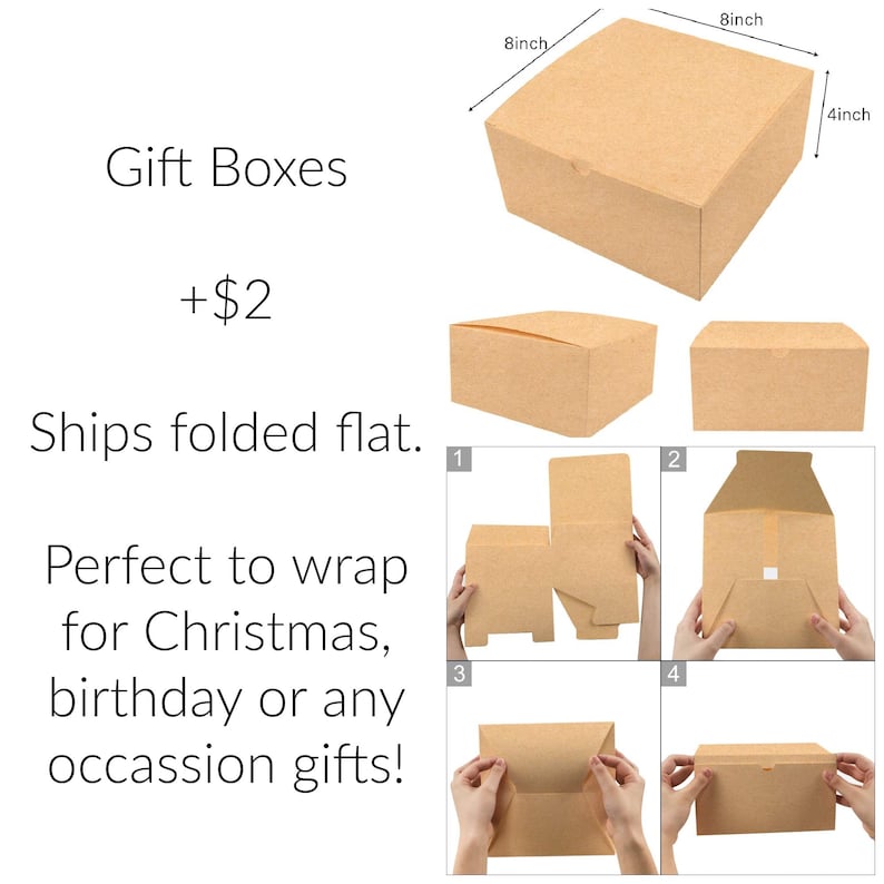 May include: Brown cardboard gift boxes, 8 inches by 8 inches by 4 inches, shown folded flat. The boxes are perfect for wrapping gifts for Christmas, birthdays, or any occasion.