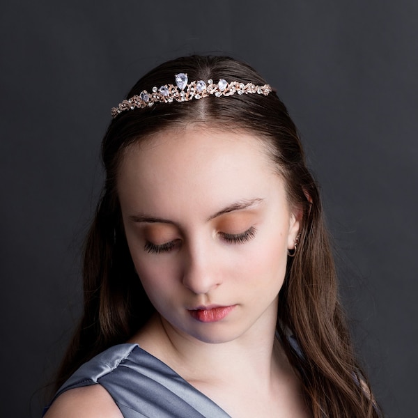 Sadie's Tiara in Rose Gold - Pink Color Metal, Faux Diamond Clear Crystal, Low Profile Minimalist Dainty Small Petite