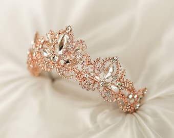 Chrissy’s Tiara in Rose Gold Pink Color Metal, Faux Diamond Clear Crystal Details