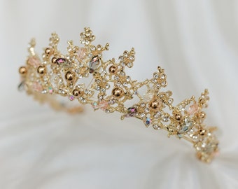 Beth's Tiara - Gold Color Metal, Copper Color Beading, Opal and Pink Color Beading and Faux Diamond Details